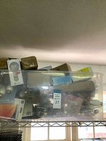 Overall view of clear bin filled with assorted bulb boxes and loose bulbs