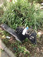 Full view of weathered carved wooden horse head lying on ground