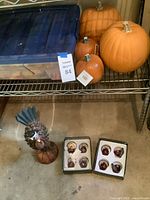 Overall lot with pumpkins, turkey figurine, ornament boxes