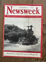 Photo of the September 11, 1939 Newsweek magazine featuring British Navy battleship on cover with smoke issuing from it.