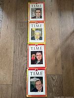 Four TIME magazines from 1946 arranged vertically on a wood floor showing their illustrated covers.