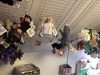 Wide shot of various hanging plush animals including teddy bears and other animals on ceiling rack
