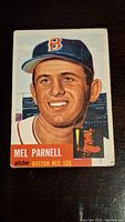 Front of the 1953 Topps Mel Parnell baseball card showing the player portrait, name, pitcher position, and Boston Red Sox team.