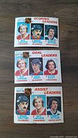 Front side of the three 1978 OPC NHL Leaders cards showing the players and their rankings in scoring, goals, and assists for the 1977-78 NHL season.