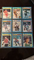 Front view of 9 1979 O-Pee-Chee hockey cards in protective sleeve showing various NHL players from Detroit Red Wings, Vancouver Canucks, Pittsburgh Penguins, New York Islanders, New York Rangers, Philadelphia Flyers, Montreal Canadiens, and Vancouver North Stars.