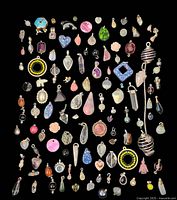 Overview of numerous charms and pendants arranged on black background showing variety of shapes, colors, and materials.