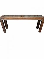 Rectangular wooden console table with removable glass inserts on top, showing wood grain and structure.