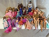 Overview of Barbie and Ken dolls arranged on a white background showing variety of dolls including clothed princesses and unclothed dolls.