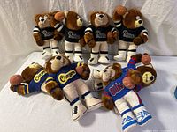 Group photo showing four Raiders bears standing at the back, two Chargers bears and one Bills bear lying in front. Each bear holds a small football and wears team jerseys.