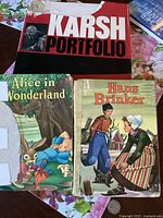 Photo of the three books showing Karsh Portfolio with intact photos, Alice in Wonderland and Hans Brinker storybooks with damaged covers.