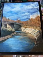 Full view of the oil painting showing the scenic Scarborough landscape with river, trees, and bridge.