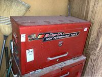 Front view of red Beach top box on lower chest showing Snap-on High Performance Tools decal and Beach Industries Ltd badge.
