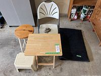 All items together: chair, stools, TV tray, rug, footwear