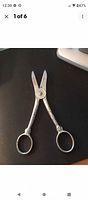 Photo of vintage Clauss Garden Club florist shears/scissors with ornate handles and short blades lying open on black surface.