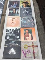 Full view of all 10 vinyl albums arranged in two columns on the ground, showing cover art for identification.