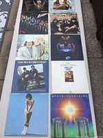 Photo of all 8 vinyl album covers laid out in two columns showing visible minor edge and corner wear on covers. Albums include The Blues Brothers, Sky, and others.