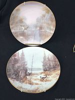 Two oval collector plates with metal hangers, depicting birds in marshy, wooded winter scenes by Edwin Matthews.