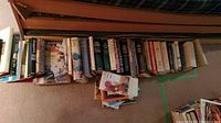 Row of approximately 30 cookbooks lined along floor with an additional stack of titles at front