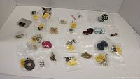 Overview of the entire collection of earrings and brooches, all packaged in individual clear plastic bags and arranged on a white surface