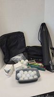 Lot arranged against white backdrop showing all items including golf balls, two shoe bags, a black Nike golf bag, and a mesh-covered golf ball retriever.