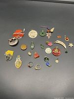 Top-down photo showing a collection of various pendants and pins arranged loosely on black surface including carved stones, metal pins, and rings.