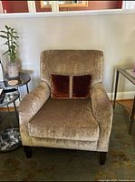 Beige upholstered armchair with two brown velvet decorative pillows on it, positioned in a living room setting by side tables and plants.
