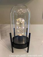 Lamp illuminated with LEDs on, glass dome and black base visible