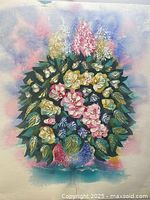 Full view of oil on canvas painting featuring a floral bouquet with vibrant colors and soft pastel background.