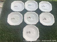 Seven white ceramic dinner plates arranged in two rows on grass, each plate showing different vintage automobile or bicycle illustration in the center with a scalloped raised edge.