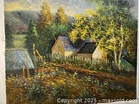 Full view of oil painting showing countryside landscape with a rustic house, trees, and hills in the background.