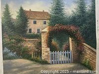 Full view of oil painting showing garden archway, gate, brick wall, and house in the background.