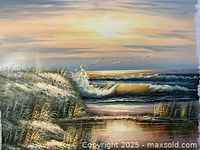 Full view of acrylic painting depicting sunset over ocean with waves and sand dunes