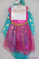 Front view of pink and teal costume with gold accents and sheer sleeves, on hanger with Disney Princess Jasmine cardboard tag