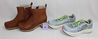 Hoka women's running sneakers and brown boots side by side showing overall condition and style.