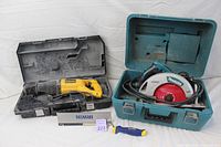 Both power tools with cases visible: DeWalt reciprocating saw in black case and Makita circular saw in teal case along with a screwdriver and blade.