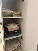 Shelves holding folded assorted towels including bath towels, hand towels, washcloths, and bath sheets in various colors and textures.