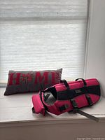 Life jacket and pillow together on window sill
