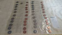 Overview of several rows of 1968 nickels and pennies in protective sleeves.