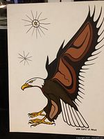 Front view of the canvas painting showing the eagle in Indigenous art style signed by artist WOB SHKIS ID MKWA