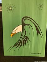 Full frontal image of stylized eagle artwork on green gradient canvas with two star symbols.