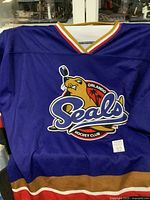 Full front view of blue Orlando Seals Hockey Club jersey with embroidered logo and color accents on collar and bottom hem.