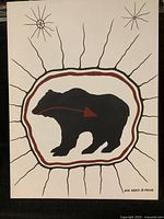 Front view of the acrylic on canvas painting showing the full artwork including black bear silhouette, red arrow, concentric outlines and radiating lines.