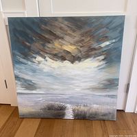 Front view of the full abstract coastal landscape painting showing the overall composition and colors.