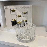 Bowerings Shalia Hurricane set of three glass hurricane candle holders in original box; crystal bowl in front