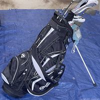 Full view of TaylorMade Supreme Lite stand bag on extended legs with clubs inside