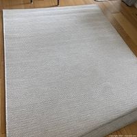 Full view of rug laid flat on wood floor showing size and color pattern.