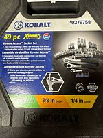 Close up of Kobalt branded case label with part number 0379758 and Xtreme Access 49 piece socket set details including 3/8 inch and 1/4 inch drive information.