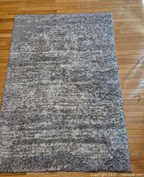 Full view of the gray shaggy rug on wood floor showing texture and size.
