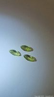 Photo showing three marquis cut apple green peridot stones arranged on a white background.
