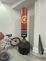 Full view of the punching bag showing height and color scheme with bicycle in background for scale.